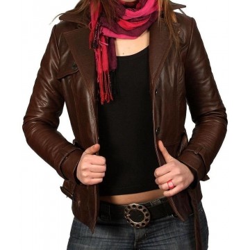 Brown Leather Jacket Slim Fit for Women