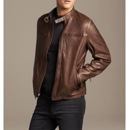 Stylish Mens Brown Leather Moto Jacket