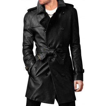 Vintage Style Long Black Leather Coat Mens