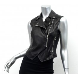 Female Black Leather Sleeveless Moto Biker Vest