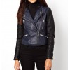 Moto Style Blue Leather Quilted Biker Jacket for Womens