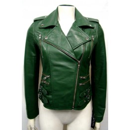 Green Leather Outdoor Motorcycle Jacket for Women
