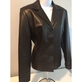 Womens Vintage Button Front Black Leather Jacket Blazer