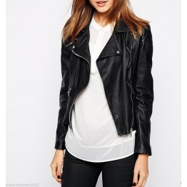 New Fashion Black Leather Jacket with Silver Zip Sleeves for Ladies