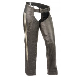 Womens Vintage Slate Grey Racing Stripes Leather Chaps for Motorcycle Riding
