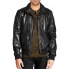 Black Bomber Leather Jacket with Zip Chest Pockets