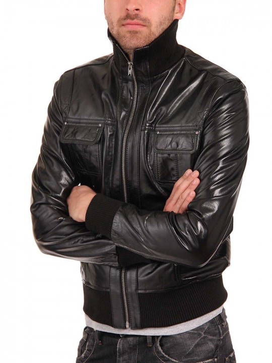 Black Leather Jacket Mens Motorcycle Bomber