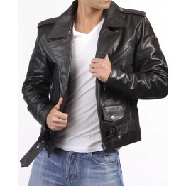Custom Made Black Leather Biker Jacket for Men
