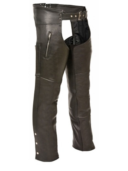 Mens Side Pockets Black Leather Chaps for Motorcycle Riding