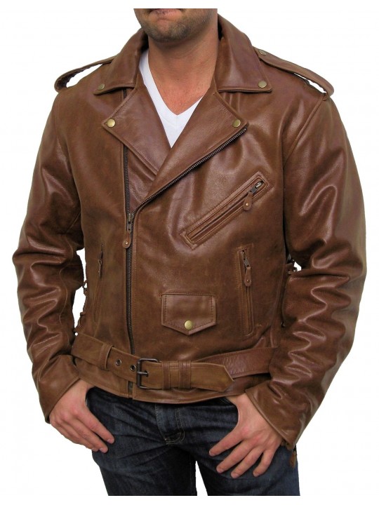 Mens Stylish Brown Leather Motorcycle Jacket
