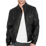 Simple Fitted Bomber Style Black Leather Jacket for Men