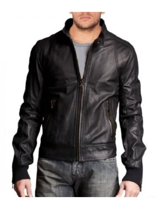 Stylish Mens Leather Bomber with Stand Collar