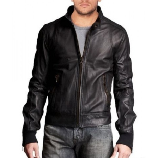 Stylish Mens Leather Bomber with Stand Collar