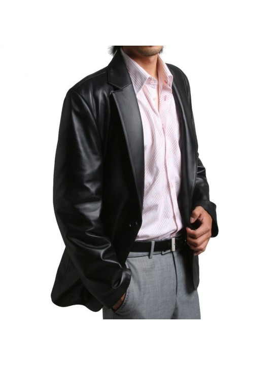 One Button Closure Soft Lambskin Black Leather Blazer Coat for Men