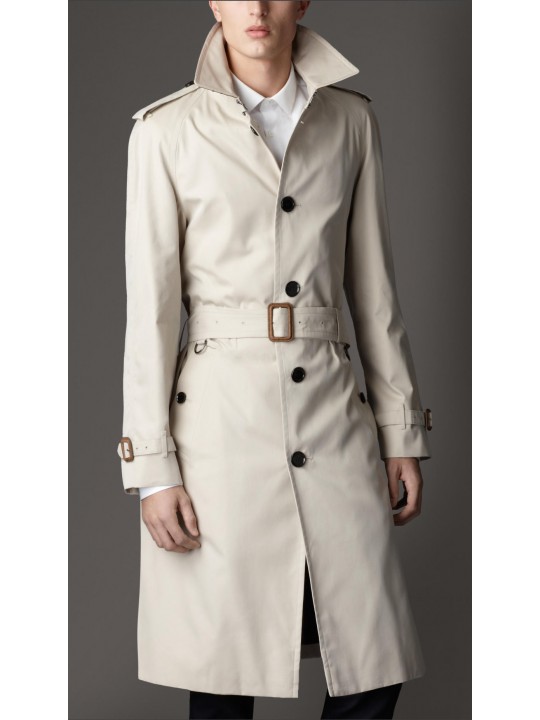 Cream white Leather Long Trench Coat for Men