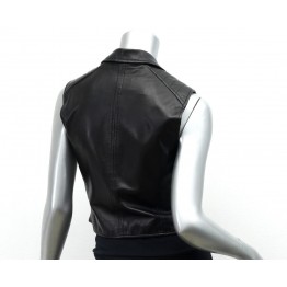 Female Black Leather Sleeveless Moto Biker Vest