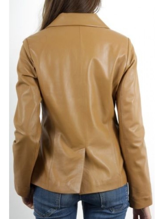 Beige Genuine Leather Sport Coat Blazer for Women