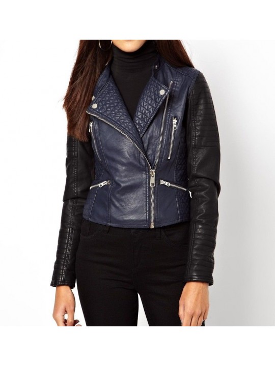 Moto Style Blue Leather Quilted Biker Jacket for Womens