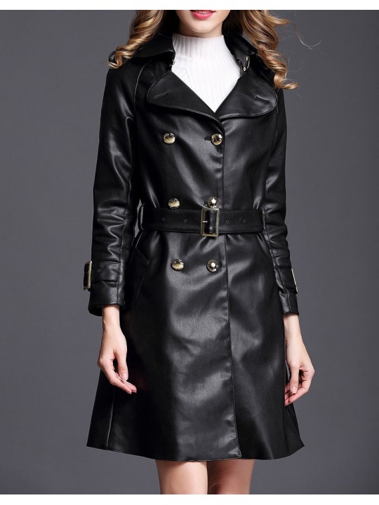 New Belted Double Breasted Black Leather Trench Coat for Women