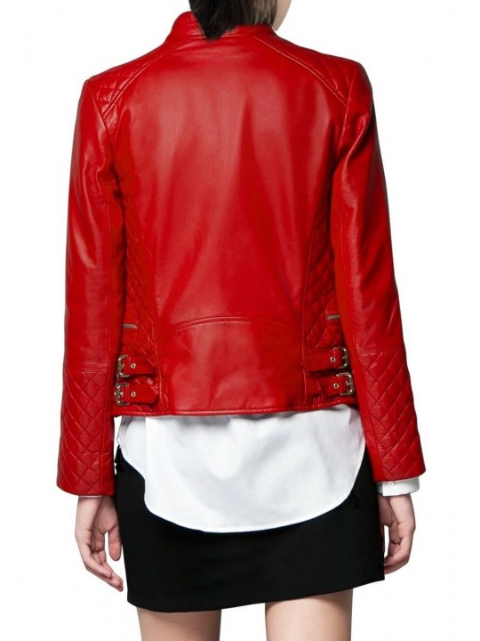 Real Red Leather Motorbike Jacket for Women