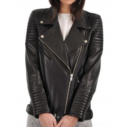 Soft Real Lambskin Black Leather Quilted Motorcycle Jacket for Womens