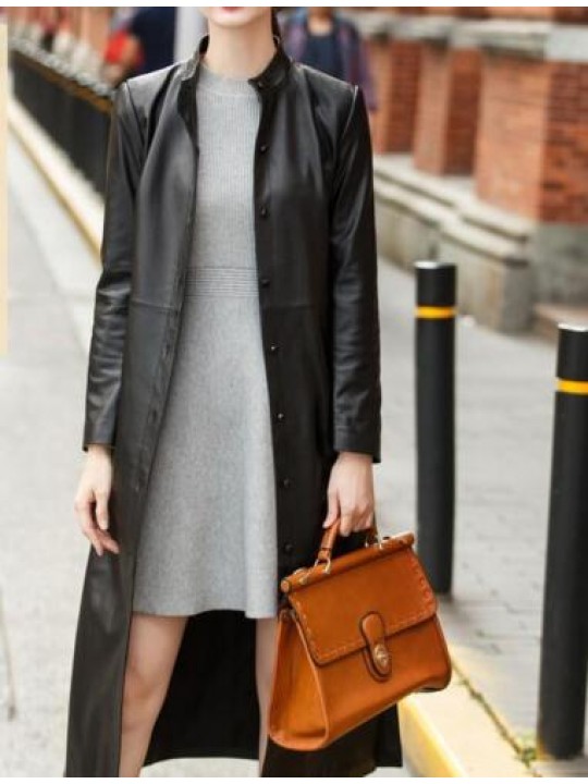 Women Fashion Real Leather Long Trench Winter Coat