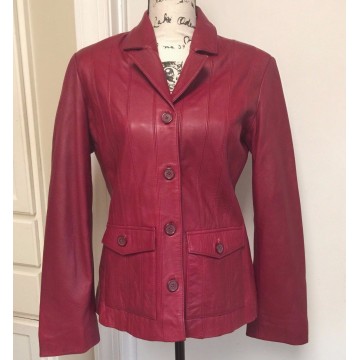 Womens Button Down Lined Genuine Leather Maroon Coat 