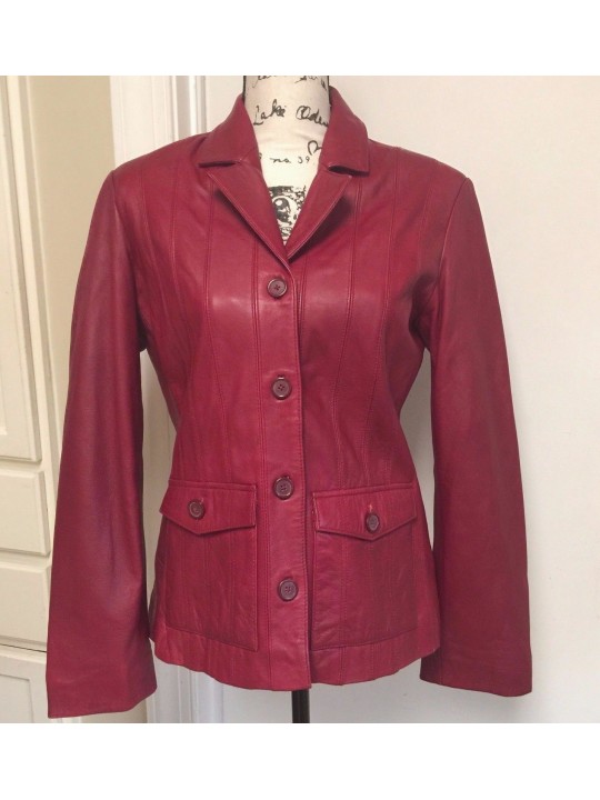 Womens Button Down Lined Genuine Leather Maroon Coat