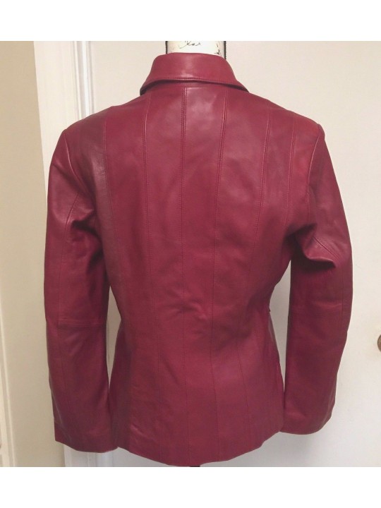 Womens Button Down Lined Genuine Leather Maroon Coat