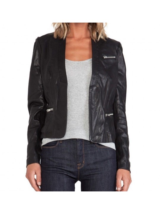 Womens Genuine Soft Lambskin Black Leather Slim Fit Blazer
