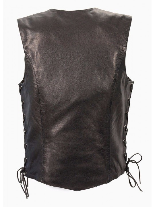 Womens Lightweight Black Leather Basic Side Lace Motorcycle Vest
