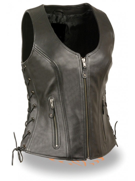 Womens Open Neck Sidelace Black Motorcycle Leather Vest