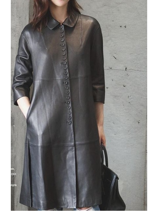 Womens Real Lambskin Black Leather Long Trench Overcoat