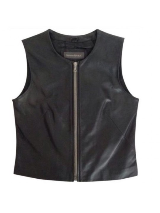 Womens Retro Chic Zip Front Black Leather Biker Vest