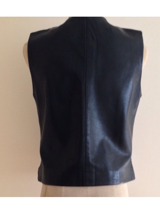 Womens Retro Chic Zip Front Black Leather Biker Vest