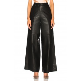 Ankle Length Wide Leg High Waisted Leather Trousers Pants for Women