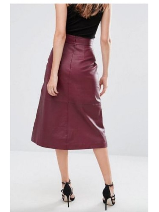 Ladies Burgundy Leather Straight Long Midi Skirt Outfit