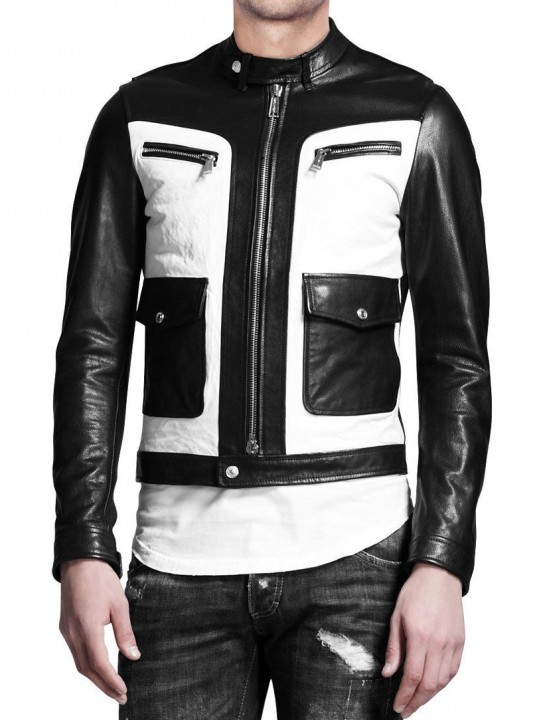Mens Genuine Lambskin Black and White Sport Leather Jacket