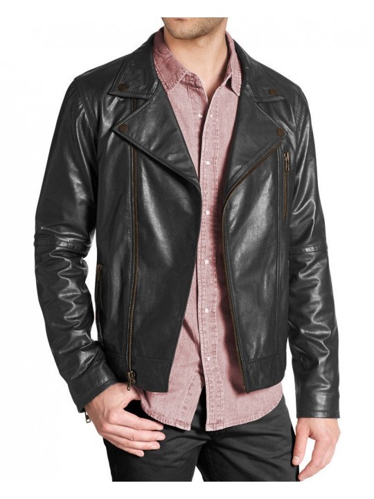 Modern Mens Black Leather Jacket with Notch Collar