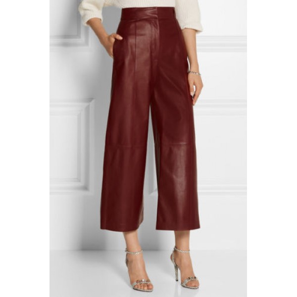 New Fashion Womens Burgundy Leather Culottes Trousers Pants