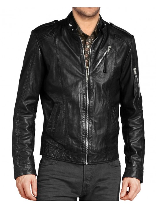 Simple Classic Black Leather Jacket for Mens