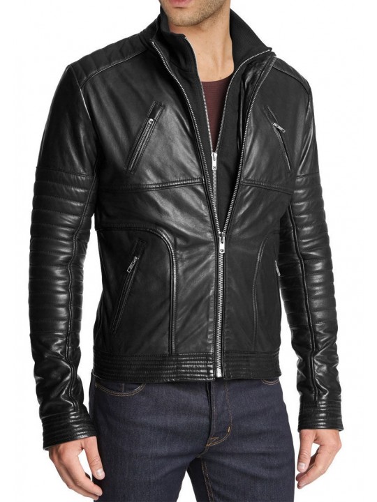 Slim Fit Black Leather Motorcycle Jacket for Men