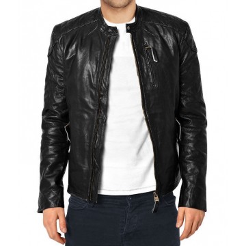 Thin Mens Black Leather Biker Style Jacket