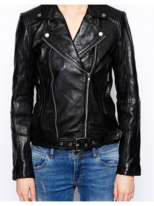 Casual Street Style Black Leather Biker Jacket for Ladies