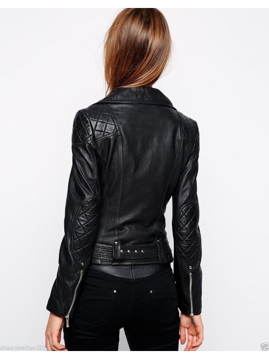 New Fashion Black Leather Jacket with Silver Zip Sleeves for Ladies