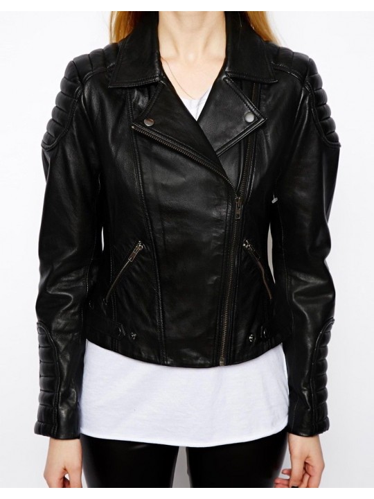 Soft Lambskin Black Leather Biker Jacket for Ladies