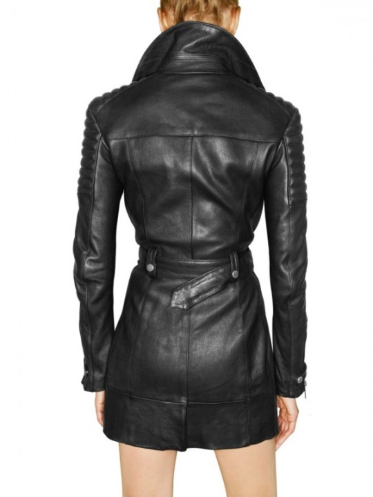 Womens Black Long Biker Quilted Leather Mini Dress with Sleeves
