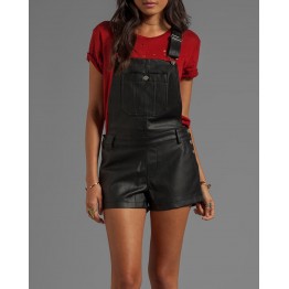 Womens Hot Black Leather Overalls One Piece Short Romper