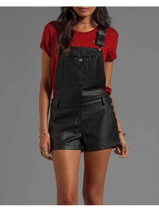 Womens Hot Black Leather Overalls One Piece Short Romper