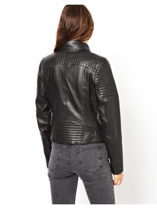 Womens Super Soft Black Leather Biker Style Quilted Jacket